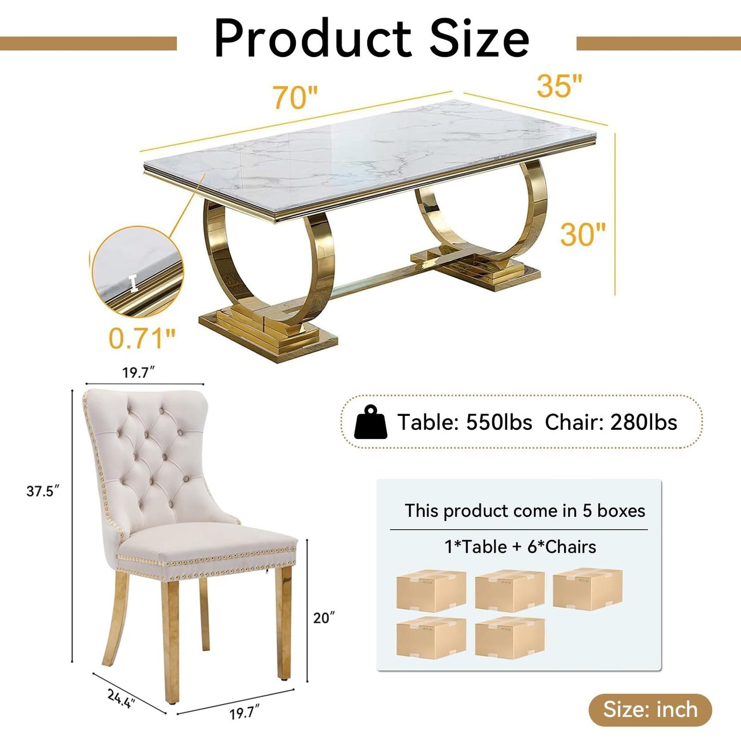 7 Piece Marble Dining Table Set, 70" Faux Marble Dining Table and Velvet Chairs for 6, 7 Piece Luxury Dining Room Table Set and 6 Upholstered Chairs with Stainless Steel Legs