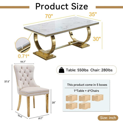 7 Piece Marble Dining Table Set, 70" Faux Marble Dining Table and Velvet Chairs for 6, 7 Piece Luxury Dining Room Table Set and 6 Upholstered Chairs with Stainless Steel Legs