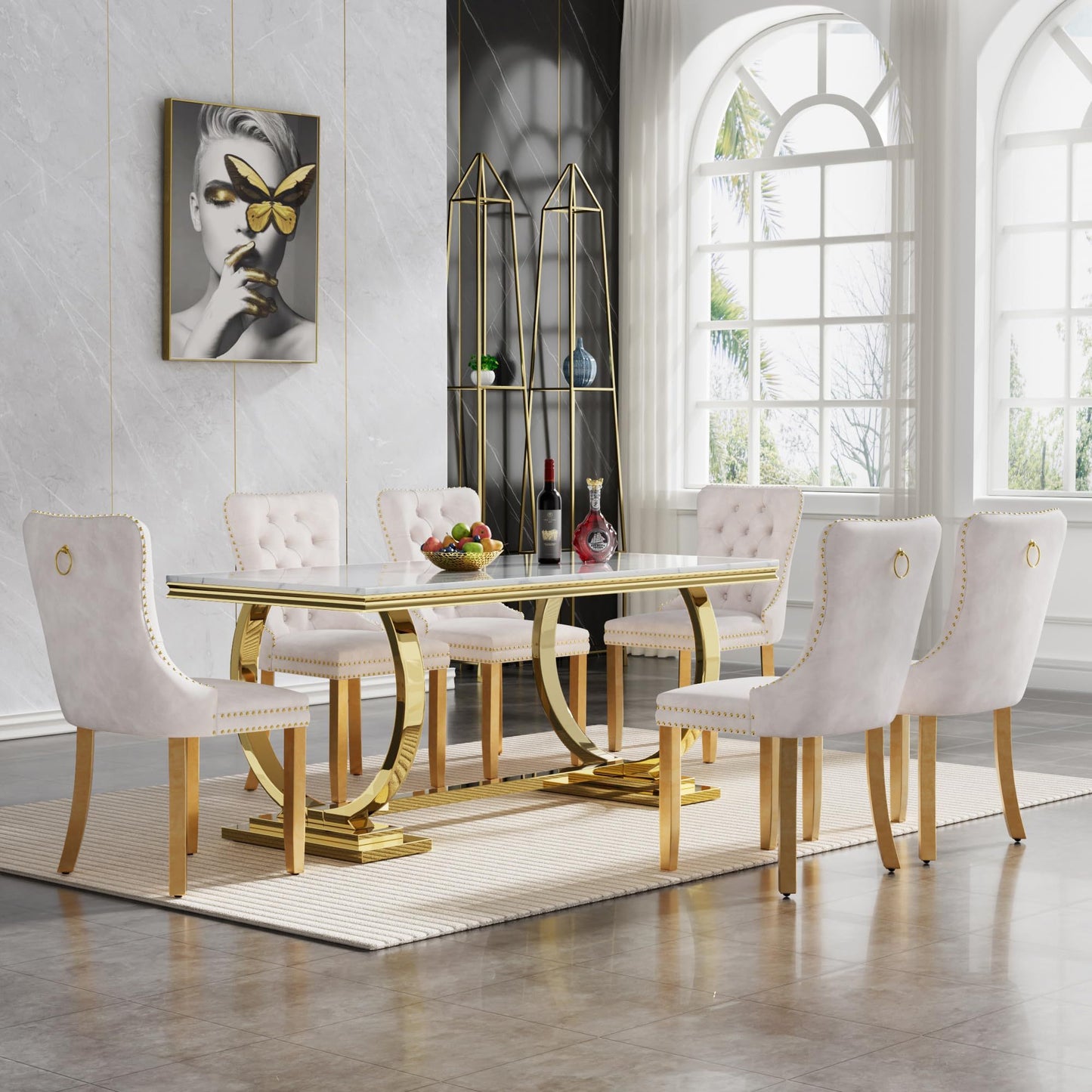7 Piece Marble Dining Table Set, 70" Faux Marble Dining Table and Velvet Chairs for 6, 7 Piece Luxury Dining Room Table Set and 6 Upholstered Chairs with Stainless Steel Legs