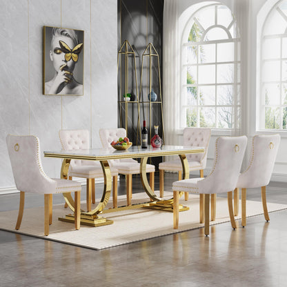 7 Piece Marble Dining Table Set, 70" Faux Marble Dining Table and Velvet Chairs for 6, 7 Piece Luxury Dining Room Table Set and 6 Upholstered Chairs with Stainless Steel Legs
