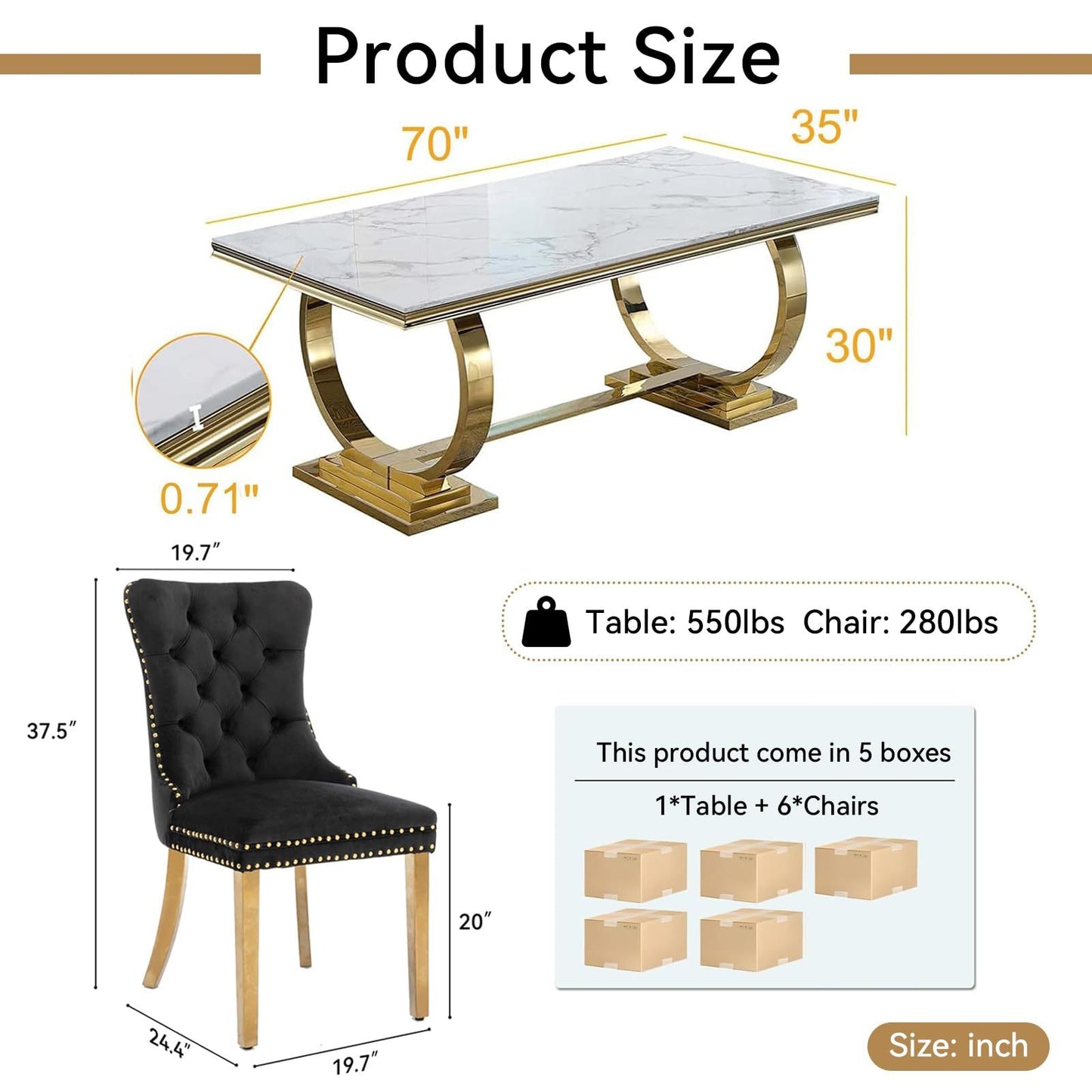 7 Piece Marble Dining Table Set, 70" Faux Marble Dining Table and Velvet Chairs for 6, 7 Piece Luxury Dining Room Table Set and 6 Upholstered Chairs with Stainless Steel Legs