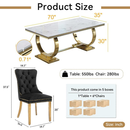 7 Piece Marble Dining Table Set, 70" Faux Marble Dining Table and Velvet Chairs for 6, 7 Piece Luxury Dining Room Table Set and 6 Upholstered Chairs with Stainless Steel Legs