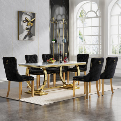 7 Piece Marble Dining Table Set, 70" Faux Marble Dining Table and Velvet Chairs for 6, 7 Piece Luxury Dining Room Table Set and 6 Upholstered Chairs with Stainless Steel Legs