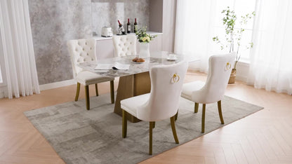 7 Piece Marble Dining Table Set, 70" Faux Marble Dining Table and Velvet Chairs for 6, 7 Piece Luxury Dining Room Table Set and 6 Upholstered Chairs with Stainless Steel Legs