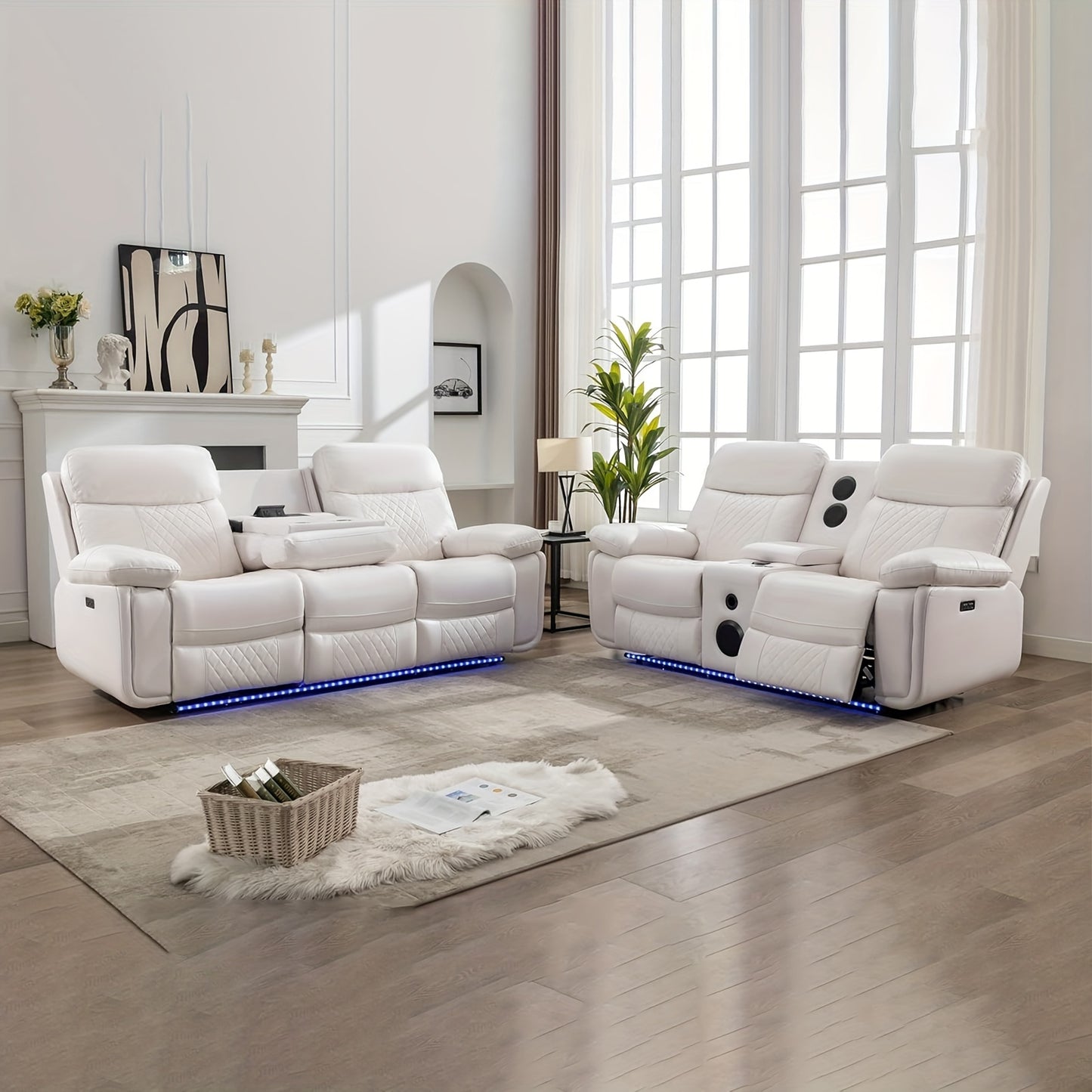 Home Theater Seating, Faux Leather Power Reclining Sofa Set with LED Lights, Bass Speakers, Cup Holders & Drop Down Table for Living Room, Media Room