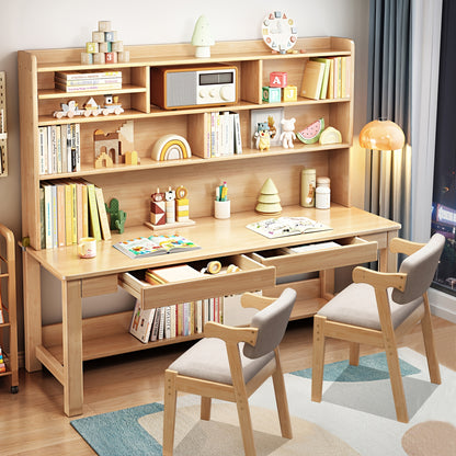 63" Modern Solid Wood Desk with Built-In Bookshelf & 2 Chairs - Space-Saving Writing Desk/Shelf Combo Suitable for Small Apartments, Dorm Rooms - Study Desk, Assembly