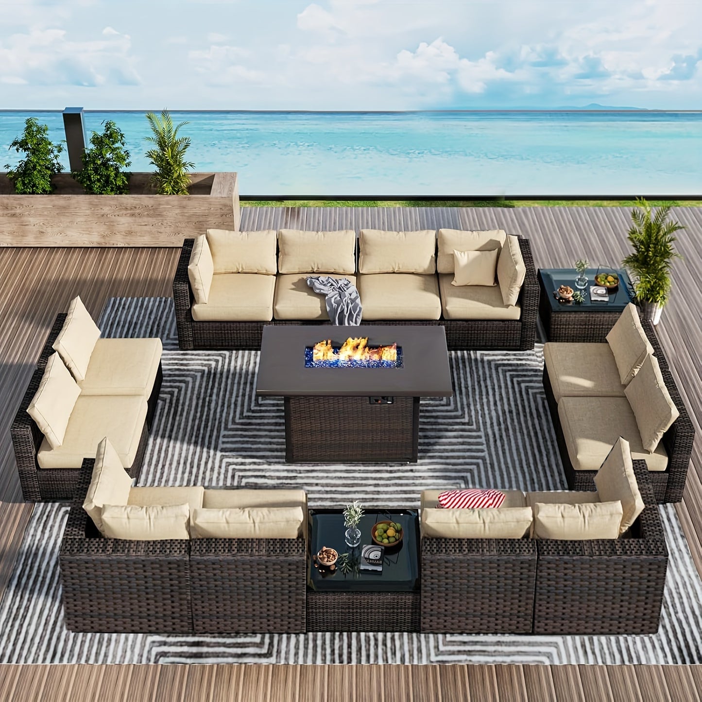 15pcs Patio Furniture Sectional Sofa with Fire Pit Table, Outdoor PE Rattan Patio Conversation Set with Glass Coffee Tables And Cushions for Garden, Poolside, Backyard