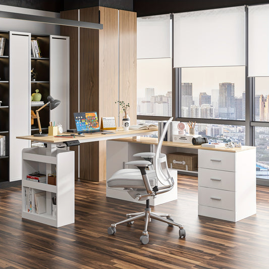 63'' W L-shaped Electric Upright Office Desk | With 3 Drawers, Open Shelves, Filing Cabinets, Height Adjustable, Computer Desk, Executive Corner Desk, Modern Style, Mixed Color, Hardwood Material, Floor Mount