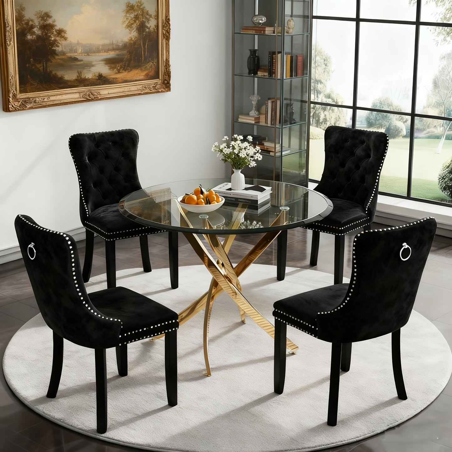 5pcs Modern Dining Table and Chair Set with Tempered Glass Table & Velvet Chairs - -Frame Base, Cushioned Seats Suitable for Kitchen, Dining Room, Small Spaces - Assembly, Contemporary Furniture (Table & 4 Chairs)