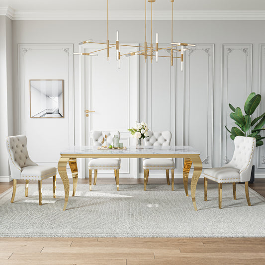 70"Modern Rectangle Faux Marble Dining Table Set for 5-7 Piece Luxury Rectangle Faux Marble Table with 4/6 Velvet Tufted Chairs - Elegant Kitchen and Dining Room Furniture, Silver/Gold Finish， Luxury Dining Table Set