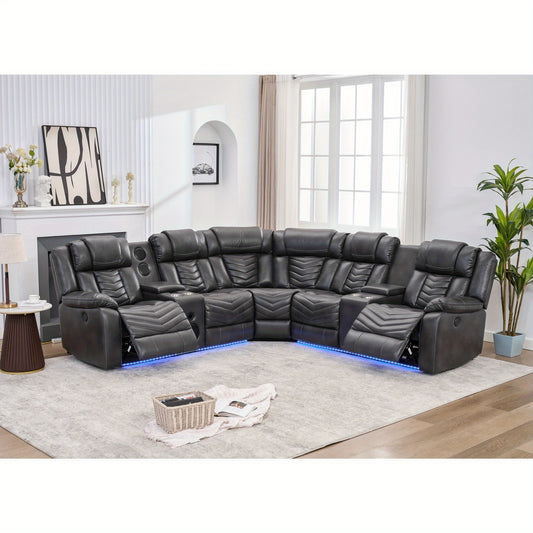 Power Reclining Sectional Sofa For Living Room, Faux Leather Electric Sofa With Bass Speaker, Floor Light, USB Port, Type-C, Storage Console, Cup Holder, L Shaped Sectional Sofa, 2 Recliners