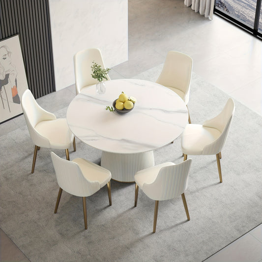 53" Circular Dining Table Suitable for 6-8 People (Table Only, Chairs Not Included), Perfect for Dining Rooms Or Kitchens, Featuring a Glossy Sintered Stone Top And a Beige Solid Wood Base, Ideal for Restaurants As Well