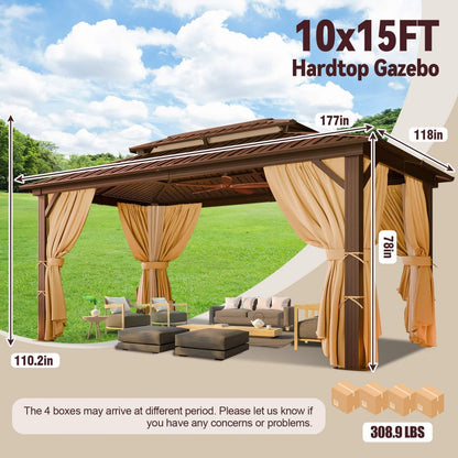 10x15ft Heavy-duty hard-roofed pavilions, outdoor pavilions for patios and backyards, heavy-duty pavilions with aluminum frames, pavilions with galvanized steel double roofs, flame-retardant curtains and mesh, thicken frames, sturdy and durable