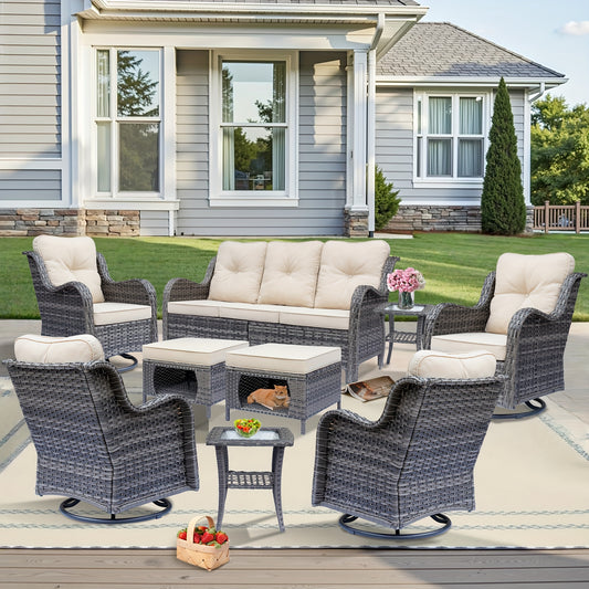 9pcs Outdoor Rattan Furniture Set Made from All-Weather Materials, Featuring 360° Swivel Rocking Chairs, a Sofa, Ottomans, And a Tempered Glass Side Table. This High-Quality Wicker Is Built to Last