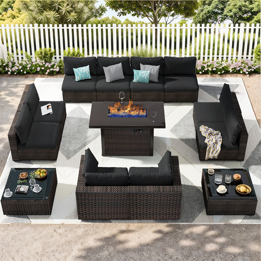 Outdoor Patio Furniture Set with Fire Pit Table, 13pcs Outdoor Furniture Set Patio Sectional Sofa W/42in Propane Fire Pit, PE Wicker Rattan Patio Conversation Sets