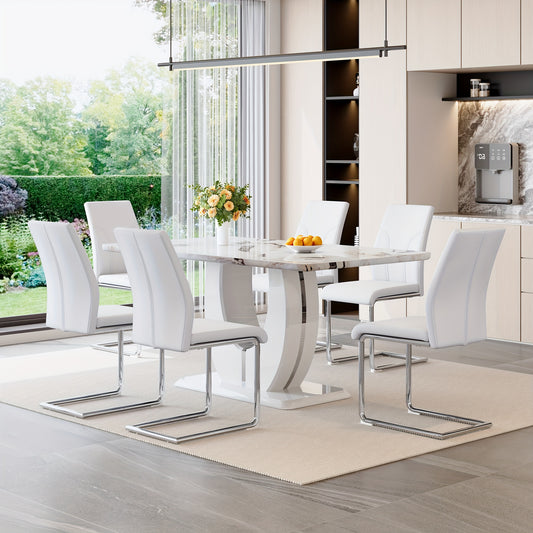 63" Modern Large Luxury Dining Table Set for 6, Kitchen Faux Marble Table Chairs Set Of 6, 63" Rectangle Kitchen Table And 6 PU Leather Upholstered Chairs for Kitchen, Dining Room, Living Room.Easy to Install, Local Warehouse