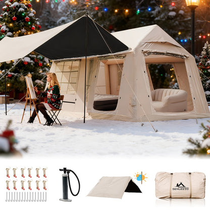 4-8 Person Deluxe Camping Inflatable Tent with Hand Pump 129 Square Feet Large Space Easy Setup Zip Closure Matching with A Canopy to Use, with A Wood Stove Chimney Opening, Tent for 4 Season, Outdoor Camping, Windproof, High Quality with Mosquito