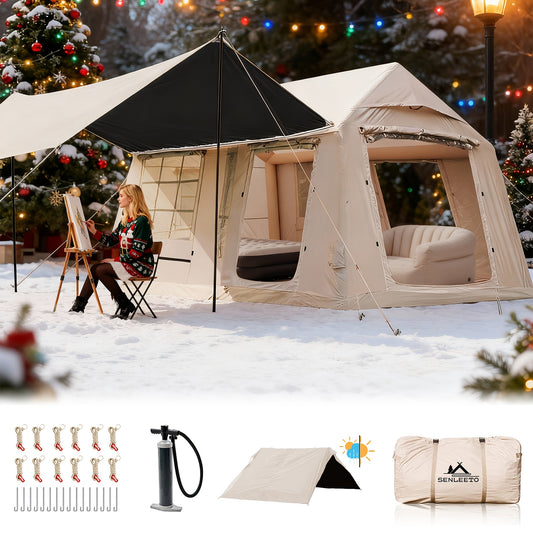 4-8 Person Deluxe Camping Inflatable Tent with Hand Pump 129 Square Feet Large Space Easy Setup Zip Closure Matching with A Canopy to Use, with A Wood Stove Chimney Opening, Tent for 4 Season, Outdoor Camping, Windproof, High Quality with Mosquito