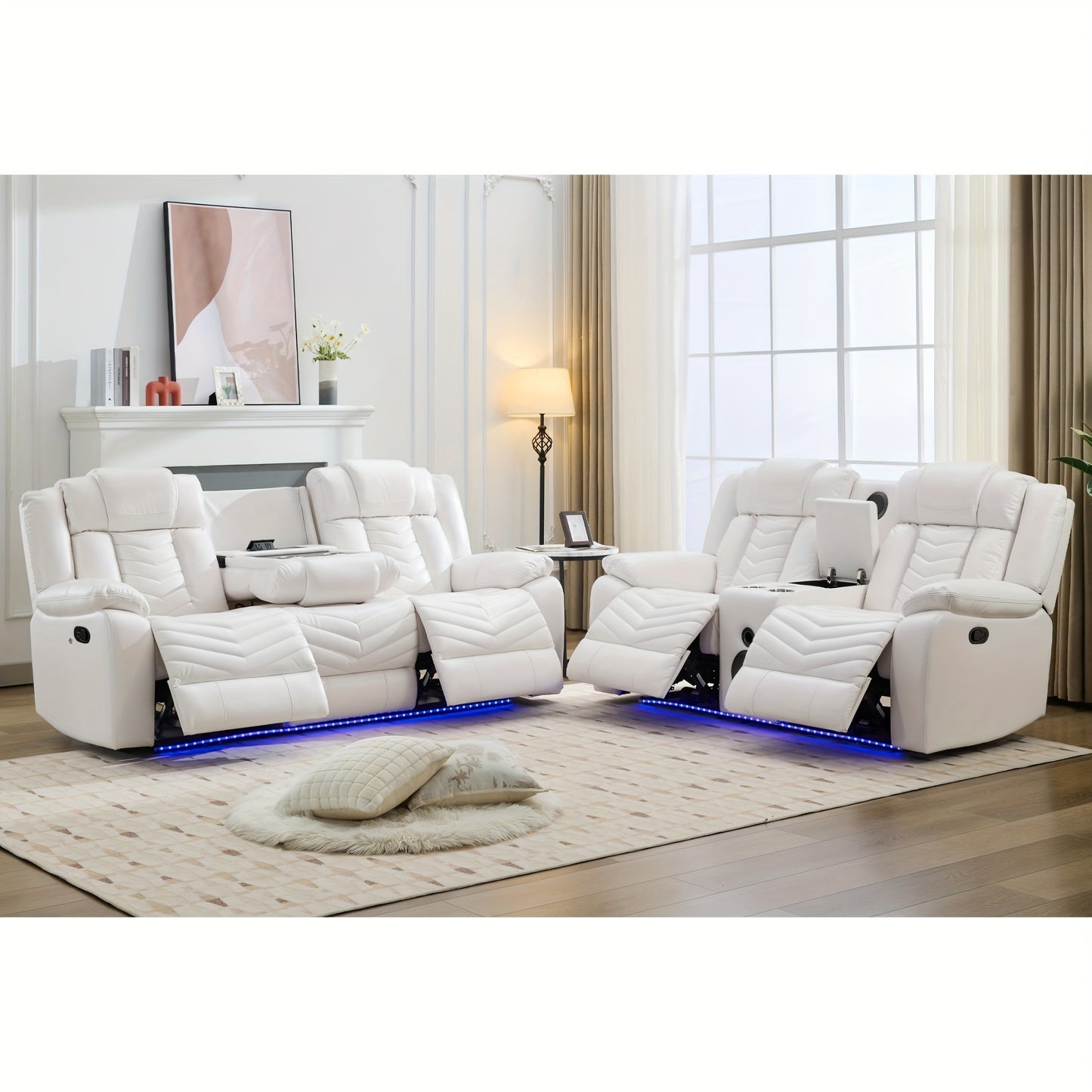 Manual Recliner Sofa Set with Wireless Charger for Living Room, Faux Leather 3 Seater Reclining Sofa and Loveseat Seating Couch with Bass Speakers, LED Lights.