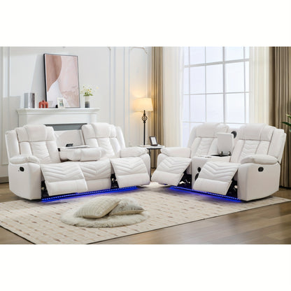 Manual Recliner Sofa Set with Wireless Charger for Living Room, Faux Leather 3 Seater Reclining Sofa and Loveseat Seating Couch with Bass Speakers, LED Lights.