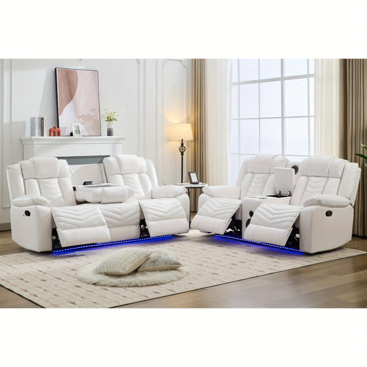 Manual Recliner Sofa Set with Wireless Charger for Living Room, Faux Leather 3 Seater Reclining Sofa and Loveseat Seating Couch with Bass Speakers, LED Lights.