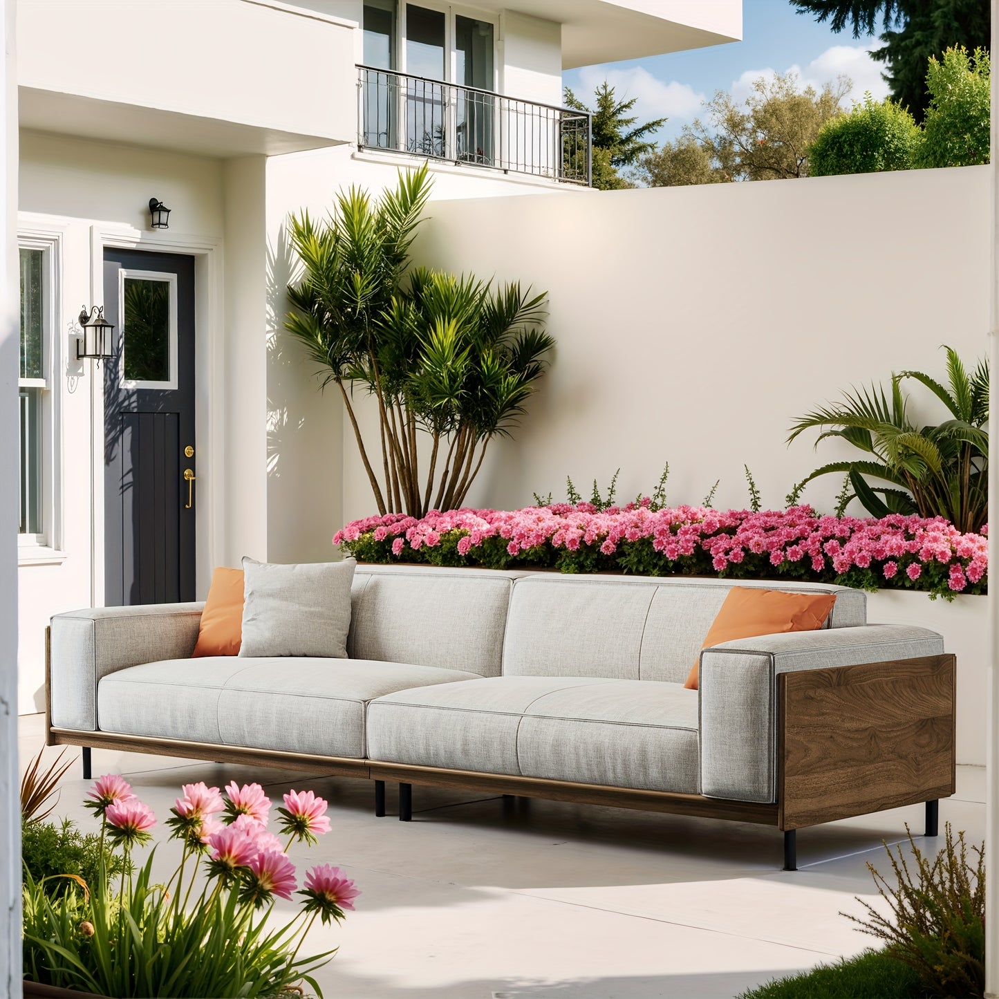 Modern Minimalist Outdoor Sofa, 111.81", Cushioned Linen Fabric, Metal Frame, For Garden And Patio