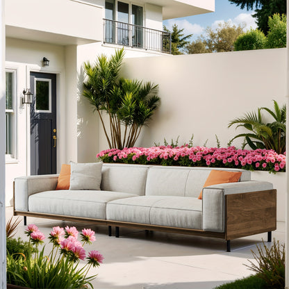 Modern Minimalist Outdoor Sofa, 111.81", Cushioned Linen Fabric, Metal Frame, For Garden And Patio