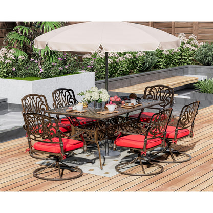 7pcs Heavy-Duty Cast Aluminum Patio Dining Set with Cast-Top Table & Chairs, Red Cushioned Seats & Backs - All-Weather Outdoor Furniture for Backyard, Porch, Poolside - Durable Metal Construction, Elegant Design for Family Gatherings & Entertaining