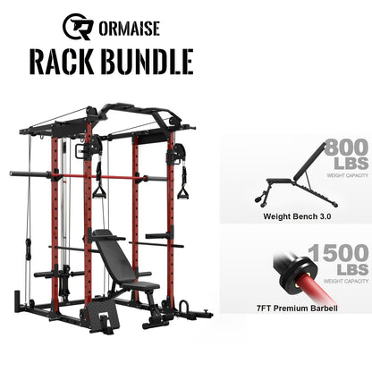8-in-1 Power Rack Cage With 1500lb Capacity & Cable Crossover Machine - Multi-Function Squat Rack With J-Hooks, Dip Bars, And Landmine - Comprehensive Plate-Loaded Home Gym Equipment (Red)