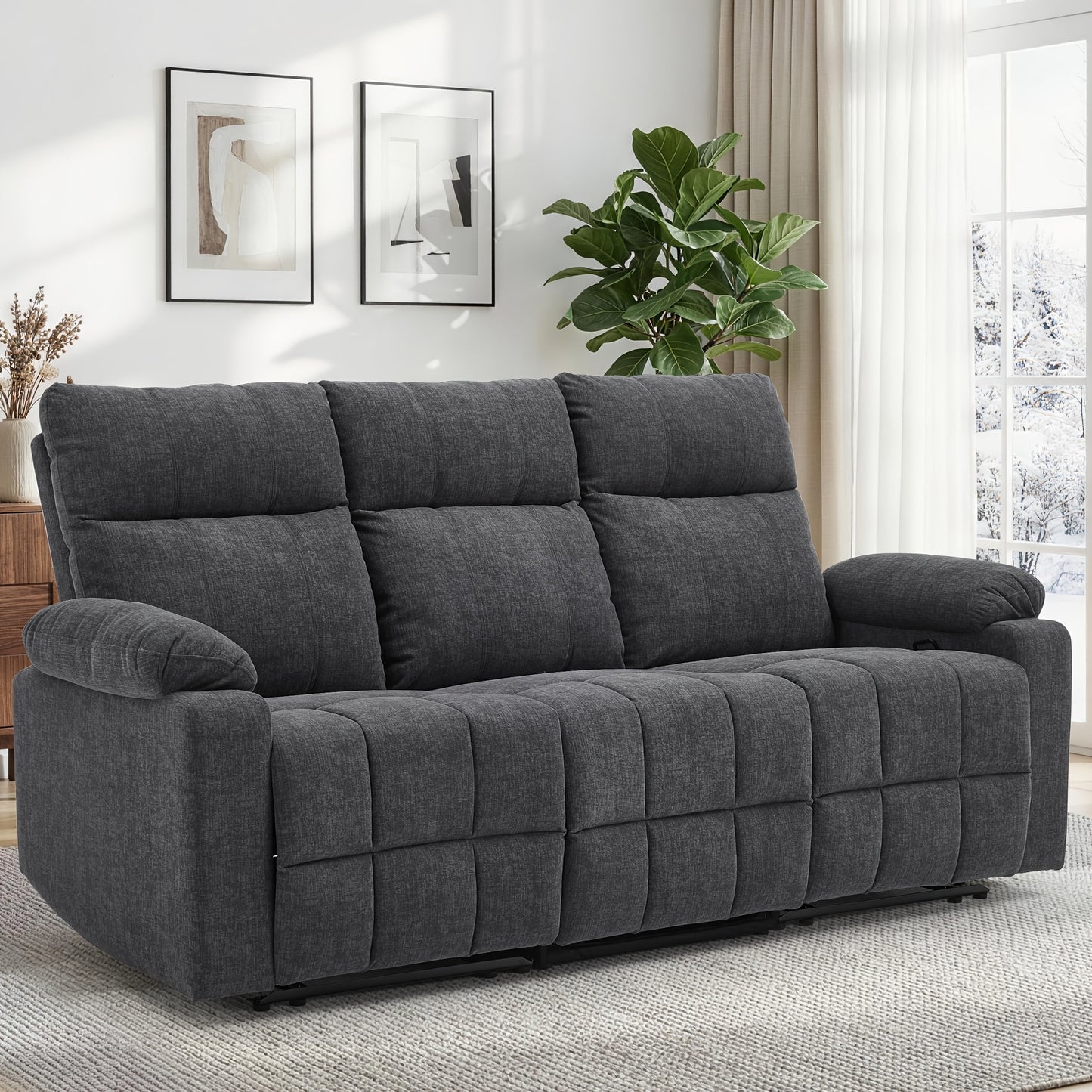 Three-Person Sofa Design, Middle Backrest Flip Design, Three-Seat Reclining Sofa, Recliner Sofa with USB Port, Manual Living Room Sofa