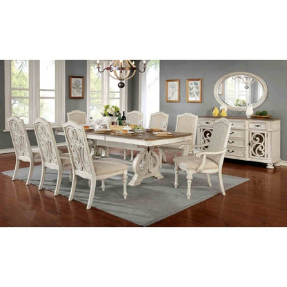 Antique White Dining Room 9pcs Set Table W/ Leaf And 6X Side Chairs 2X Arm Chairs Ivory Fabric Upholstered Seat