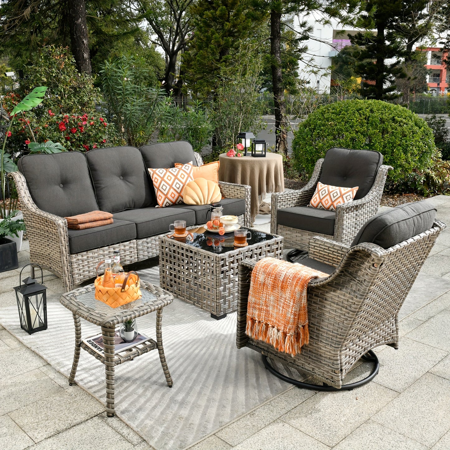 5pcs Outdoor Patio Furniture Set with 2 Swivel Chairs, 1 Outside Sofa, 1 Side Table and 1 Solar Lighting Glass Coffee Table - All-Weather Wicker Patio Conversation Set Modern Design for Garden, Deck, and Porch Decor