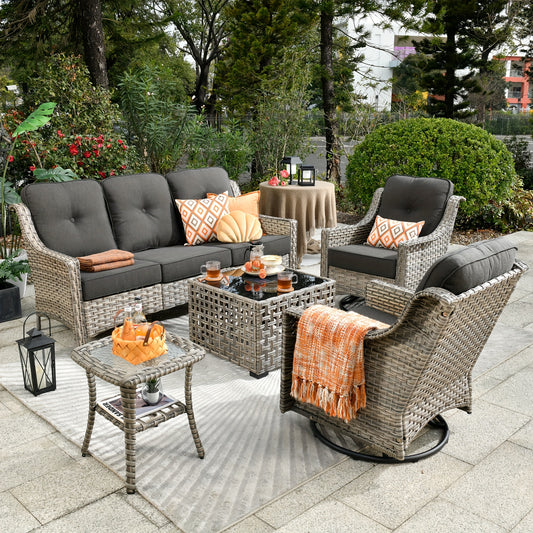 5pcs Outdoor Patio Furniture Set with 2 Swivel Chairs, 1 Outside Sofa, 1 Side Table and 1 Solar Lighting Glass Coffee Table - All-Weather Wicker Patio Conversation Set Modern Design for Garden, Deck, and Porch Decor
