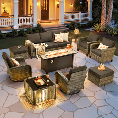 10pcs Outdoor Patio Furniture Sets With 54" Fire Pit Table And Solar Led Light Coffe Table, All-Weather PE Rattan Sectional Sofa Conversation Set With Swivel Rocking Chairs, Outside Modular Couch With Thick Cushions For Backyard, Deck, 7 Seats