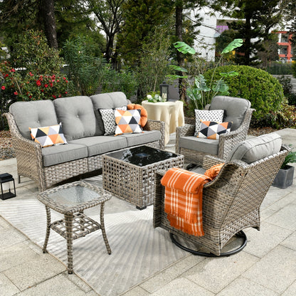 5pcs Outdoor Patio Furniture Set with 2 Swivel Chairs, 1 Outside Sofa, 1 Side Table and 1 Solar Lighting Glass Coffee Table - All-Weather Wicker Patio Conversation Set Modern Design for Garden, Deck, and Porch Decor