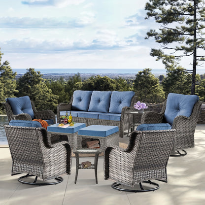 9pcs Outdoor Rattan Furniture Set Made from All-Weather Materials, Featuring 360° Swivel Rocking Chairs, a Sofa, Ottomans, And a Tempered Glass Side Table. This High-Quality Wicker Is Built to Last