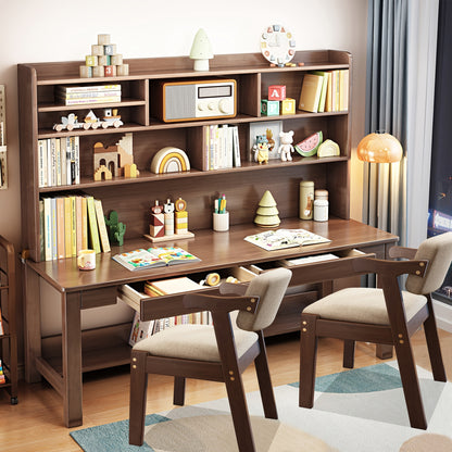63" Modern Solid Wood Desk with Built-In Bookshelf & 2 Chairs - Space-Saving Writing Desk/Shelf Combo Suitable for Small Apartments, Dorm Rooms - Study Desk, Assembly