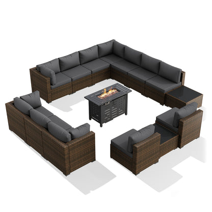 PATIOFIT 8/12/15pcs Outdoor Patio Furniture Set with 40in Fire Pit Table Wicker Rattan Sectional Sofa with Thick Cushions, Coffee Table & Waterproof Cover, Beige Cushions