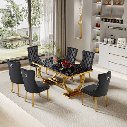 7 Piece Marble Dining Table Set, 70" Faux Marble Dining Table and Velvet Chairs for 6, 7 Piece Luxury Dining Room Table Set and 6 Upholstered Chairs with Stainless Steel Legs