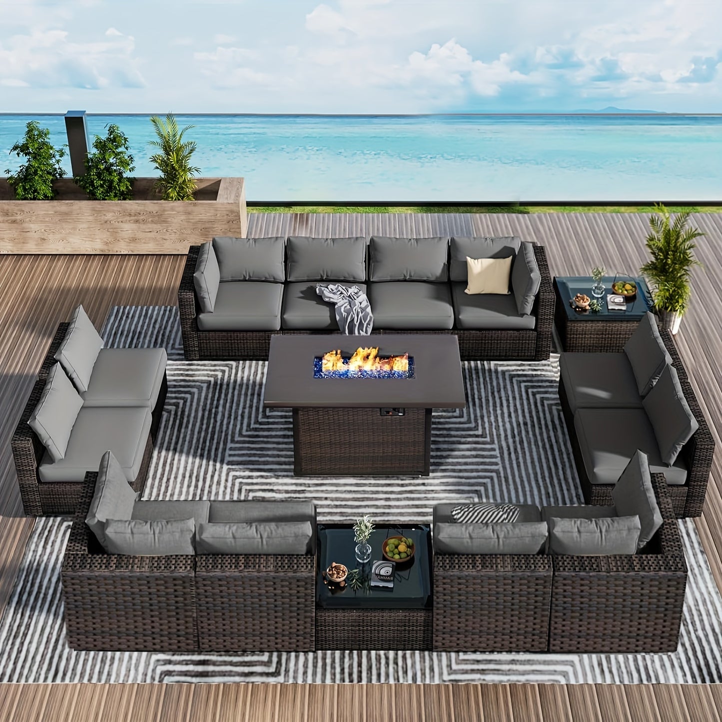 15pcs Patio Furniture Sectional Sofa with Fire Pit Table, Outdoor PE Rattan Patio Conversation Set with Glass Coffee Tables And Cushions for Garden, Poolside, Backyard