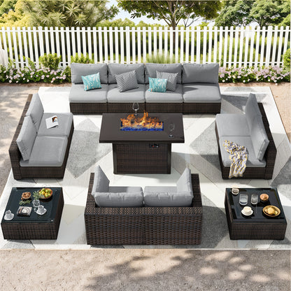 Outdoor Patio Furniture Set with Fire Pit Table, 13pcs Outdoor Furniture Set Patio Sectional Sofa W/42in Propane Fire Pit, PE Wicker Rattan Patio Conversation Sets