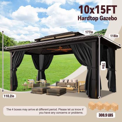 10x15ft Heavy-duty hard-roofed pavilions, outdoor pavilions for patios and backyards, heavy-duty pavilions with aluminum frames, pavilions with galvanized steel double roofs, flame-retardant curtains and mesh, thicken frames, sturdy and durable