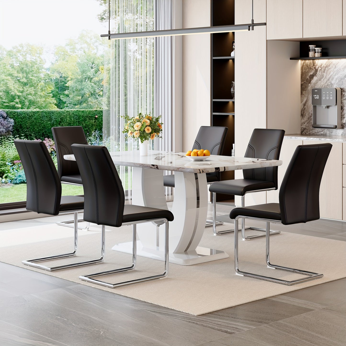 63" Modern Large Luxury Dining Table Set for 6, Kitchen Faux Marble Table Chairs Set Of 6, 63" Rectangle Kitchen Table And 6 PU Leather Upholstered Chairs for Kitchen, Dining Room, Living Room.Easy to Install, Local Warehouse