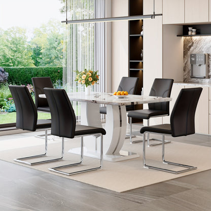 63" Modern Large Luxury Dining Table Set for 6, Kitchen Faux Marble Table Chairs Set Of 6, 63" Rectangle Kitchen Table And 6 PU Leather Upholstered Chairs for Kitchen, Dining Room, Living Room.Easy to Install, Local Warehouse