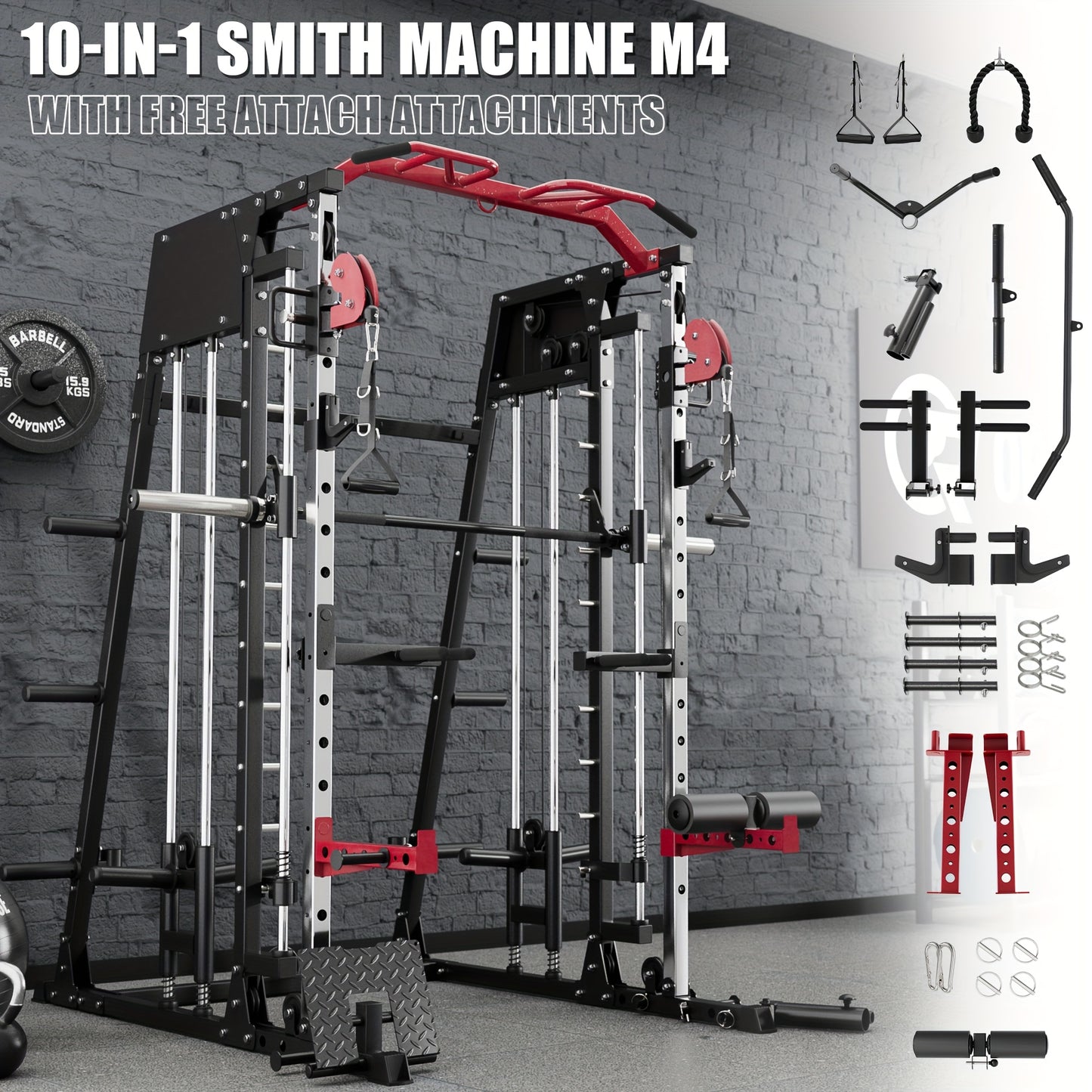 Home Gym with a Smith Machine, Featuring a 2200 Lbs Power Rack Cage, Cable Crossover, Weight Bar, 360° Landmine, Barbell Holders, And Various Attachments for Comprehensive Body Strength Training