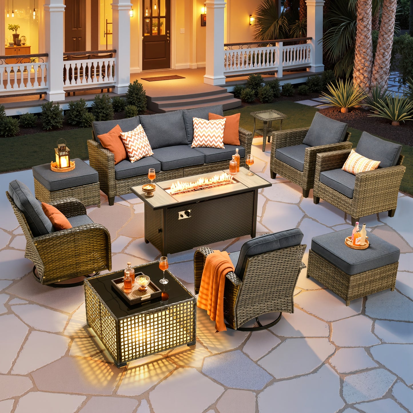 10pcs Outdoor Patio Furniture Sets With 54" Fire Pit Table And Solar Led Light Coffe Table, All-Weather PE Rattan Sectional Sofa Conversation Set With Swivel Rocking Chairs, Outside Modular Couch With Thick Cushions For Backyard, Deck, 7 Seats