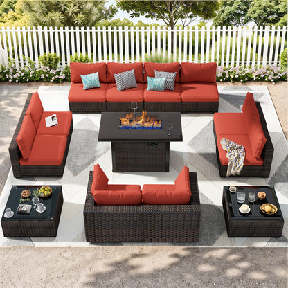 Outdoor Patio Furniture Set with Fire Pit Table, 13pcs Outdoor Furniture Set Patio Sectional Sofa W/42in Propane Fire Pit, PE Wicker Rattan Patio Conversation Sets