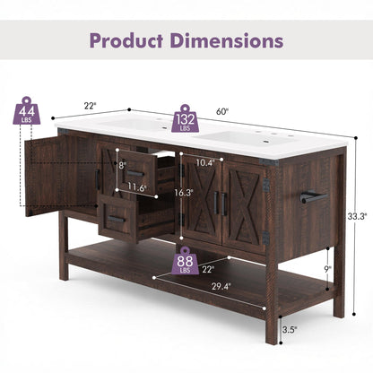 PAPAJET 60-inch Modern Farmhouse Double Sink Bathroom Vanity with Cabinets, Drawers & Open Shelf - /MDF Suitable for Family Bathrooms, Space-Saving, Ample Storage, Low-Maintenance for Resale Value