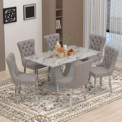 Sumdeal 63" Dining Table with 6 Velvet Dining Chairs, Modern Dining Table for 4-6 People