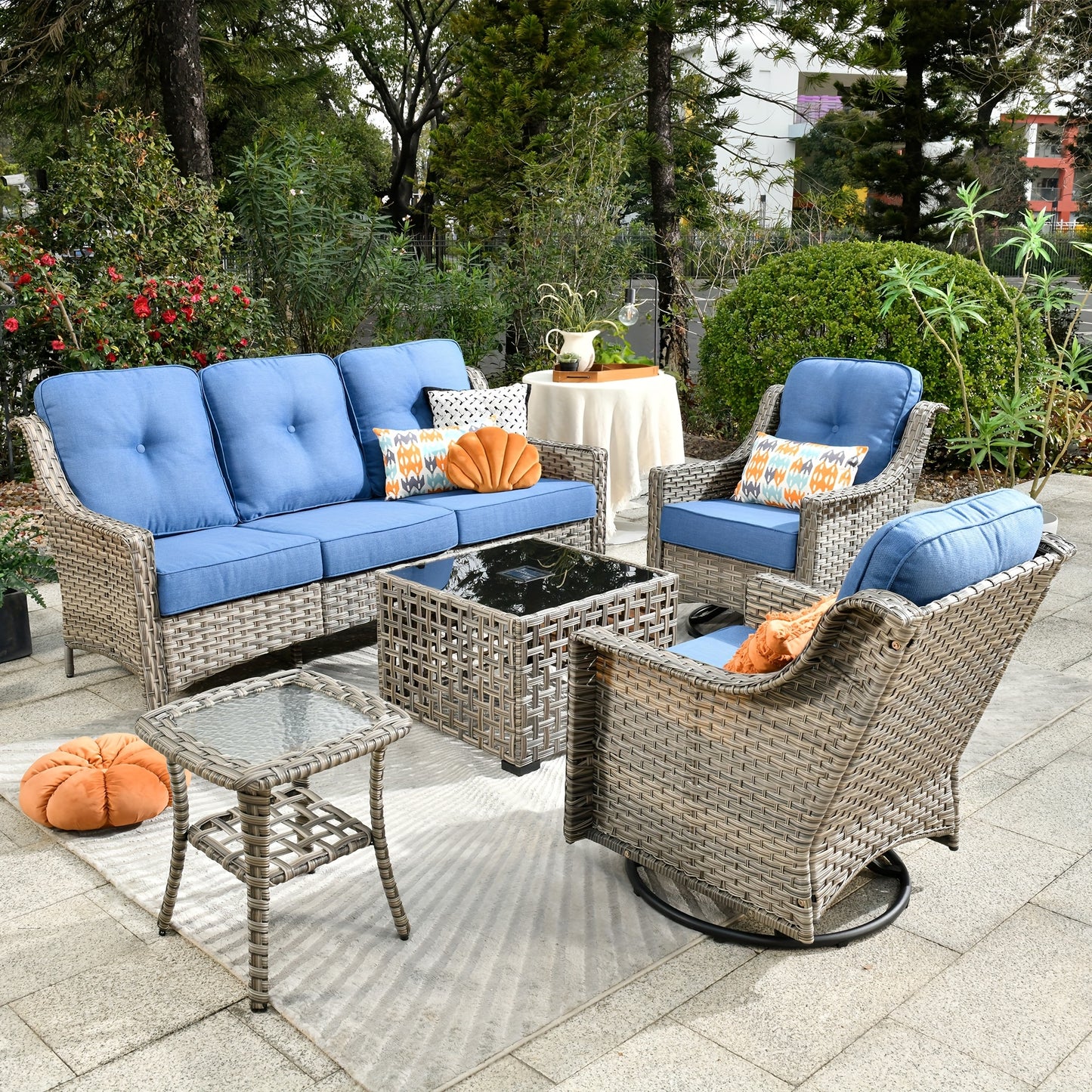 5pcs Outdoor Patio Furniture Set with 2 Swivel Chairs, 1 Outside Sofa, 1 Side Table and 1 Solar Lighting Glass Coffee Table - All-Weather Wicker Patio Conversation Set Modern Design for Garden, Deck, and Porch Decor